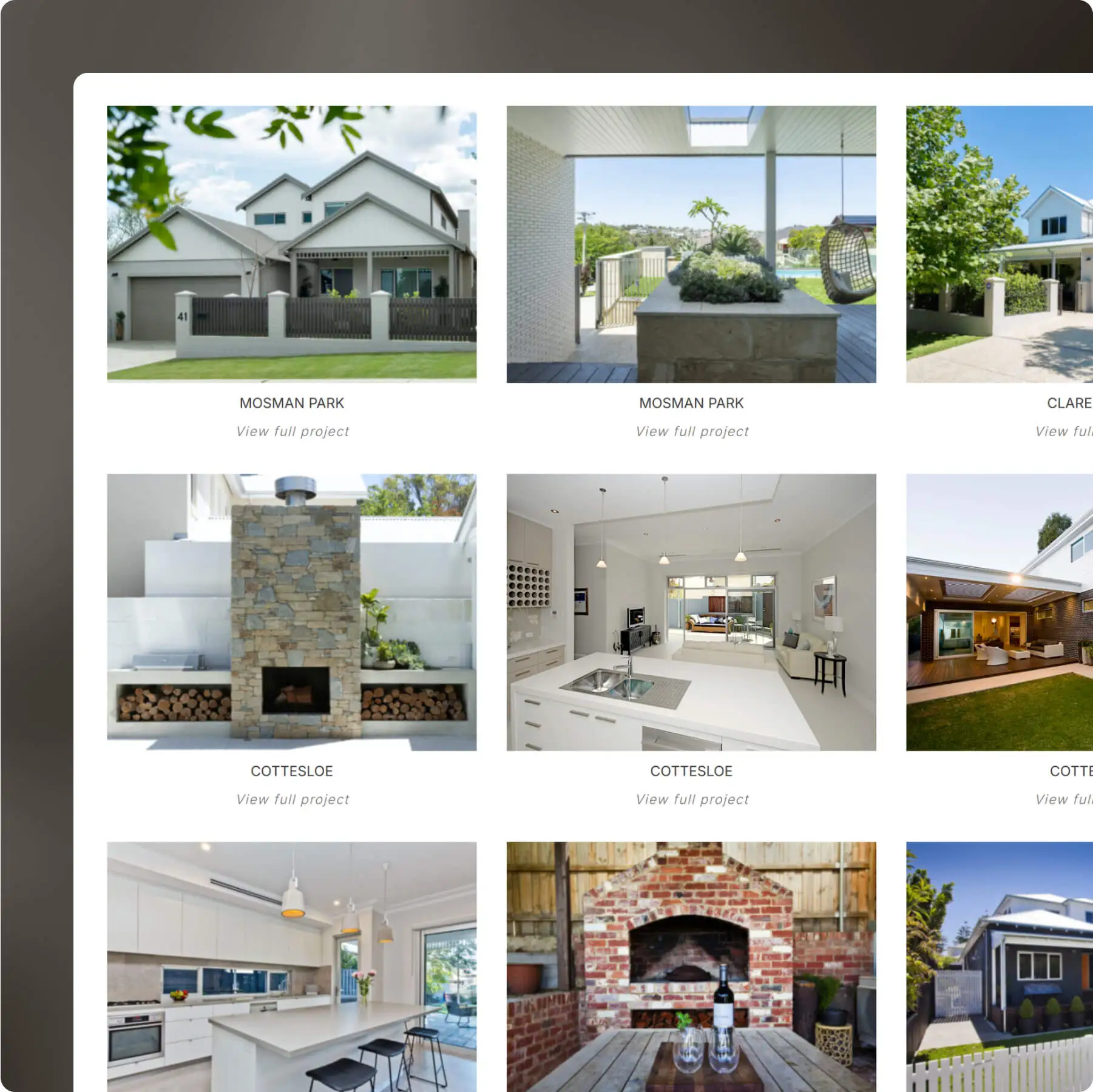 Website portfolio grid showcasing modern residential architecture projects with clean layouts and high-quality images, highlighting sleek and professional design for an architecture firm’s website.