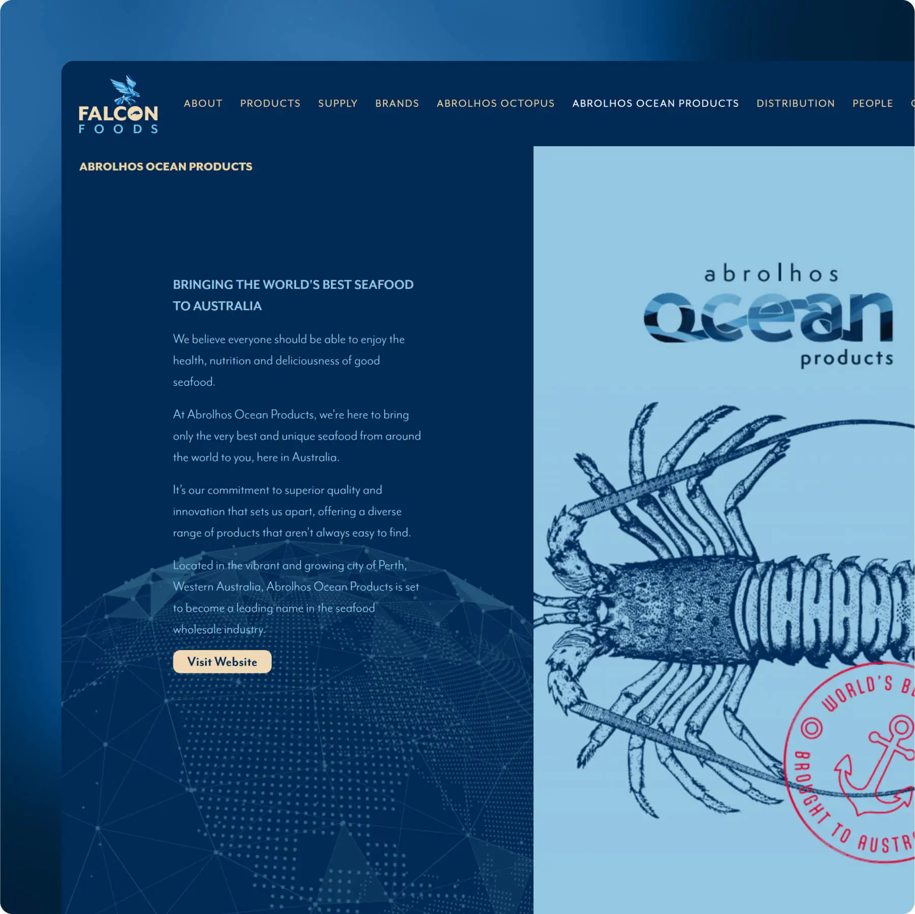 Falcon Foods branding and website layout, showcasing fresh food industry web design and global distribution branding.